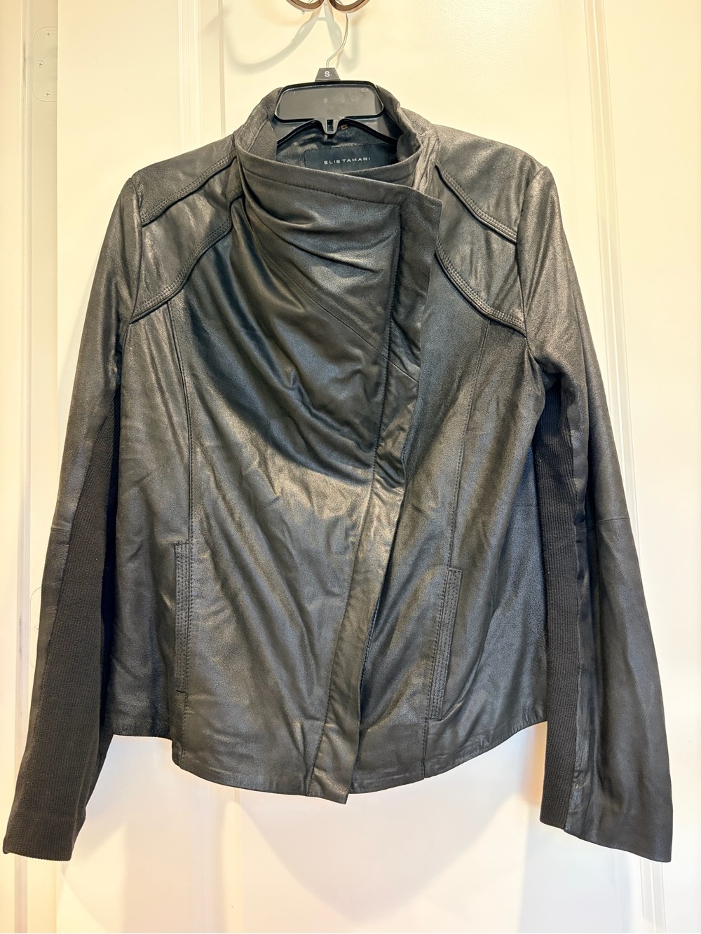 Elie Tahari Black Leather Asymmetric Front Jacket EUC
